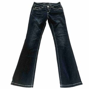 Miss Chic Sz 3 Dark Wash Bootcut Low Rise Rhinestone Stretch Jeans Thick Stitch